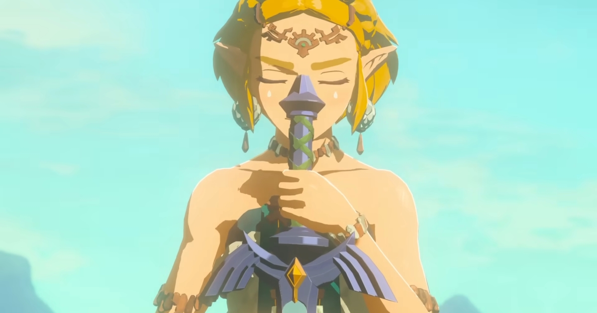 Zelda con la espada maestra en lágrimas del reino.