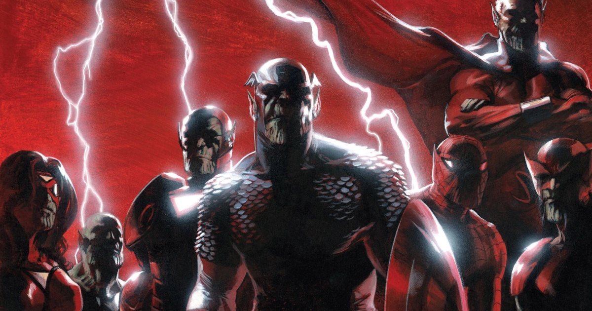 Un grupo de Skrulls jugando a los Vengadores en la portada. "invasión secreta" #1.