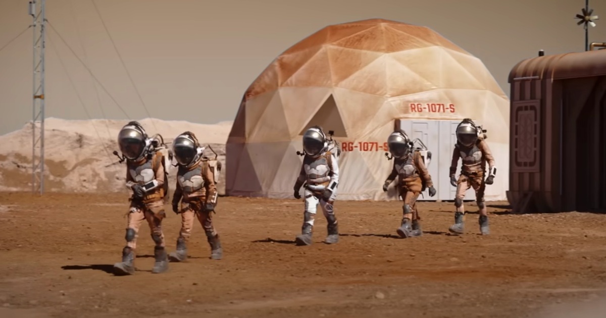 Los astronautas caminan sobre la superficie de las estrellas en Marte.